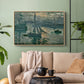 Natural wood floater framed canvas featuring an atmospheric ocean view with sun rising through haze, displayed above a sofa in a modern living room.