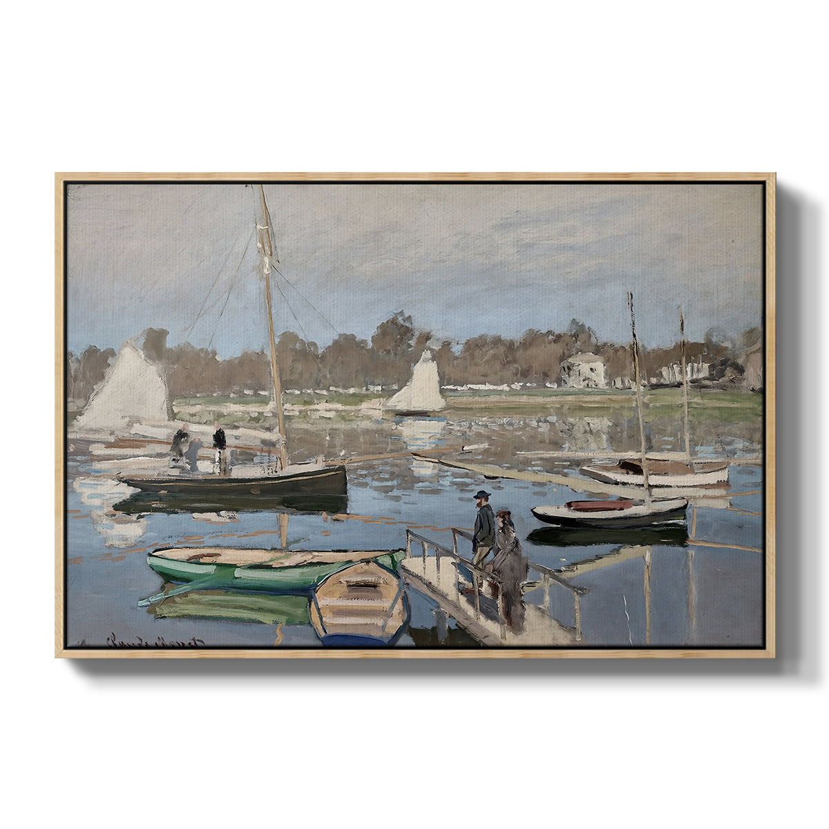 The Basin at Argenteuil, 1874 by Claude Monet in a natural wood floater framed canvas wall art display.