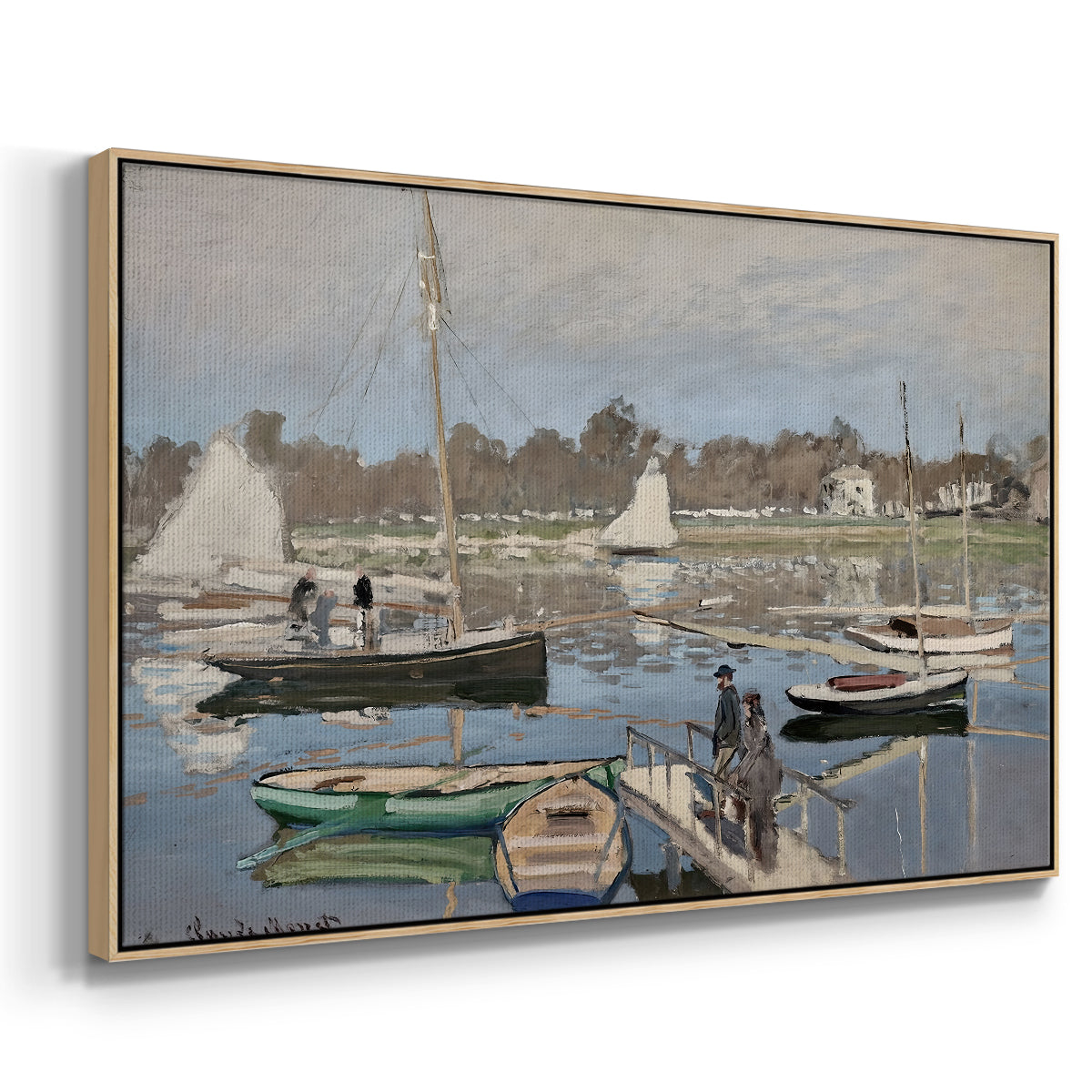Angled view of The Basin at Argenteuil, 1874 by Claude Monet in a natural wood floater framed canvas.