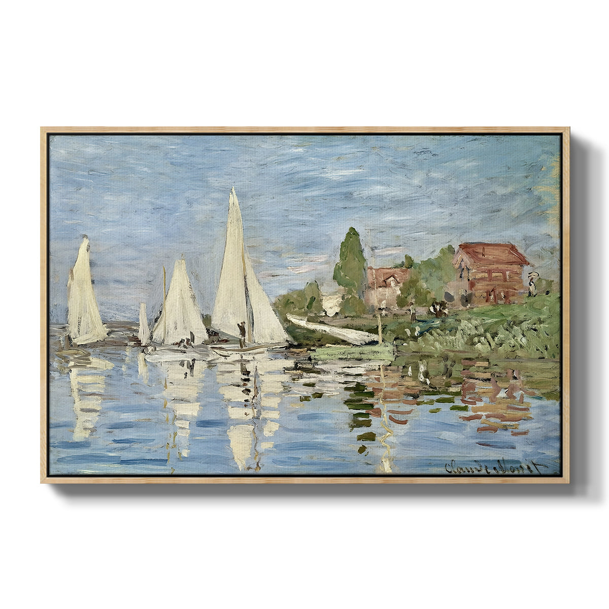 Regatta at Argenteuil, 1872 by Claude Monet in a natural wood floater framed canvas wall art display.