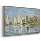Angled view of Regatta at Argenteuil, 1872 by Claude Monet in a natural wood floater framed canvas.