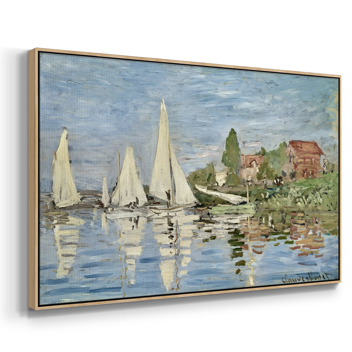 Angled view of Regatta at Argenteuil, 1872 by Claude Monet in a natural wood floater framed canvas.