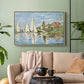 Natural wood floater framed canvas featuring a dynamic nautical scene with boats moving across river, displayed above a sofa in a modern living room.