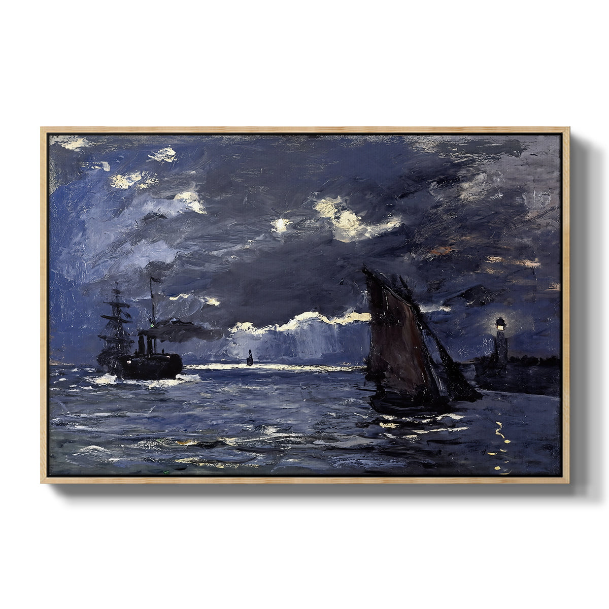 A Seascape, Shipping by Moonlight, 1864 by Claude Monet in a natural wood floater framed canvas wall art display.