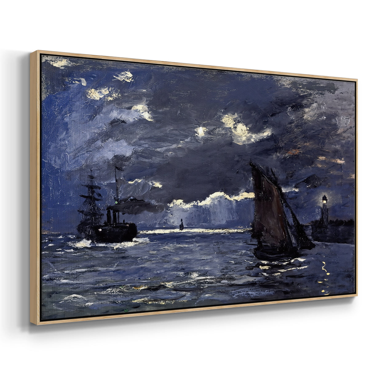 Angled view of A Seascape, Shipping by Moonlight, 1864 by Claude Monet in a natural wood floater framed canvas.