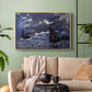 Natural wood floater framed canvas featuring an atmospheric maritime view with ships in moonlit darkness, displayed above a sofa in a modern living room.