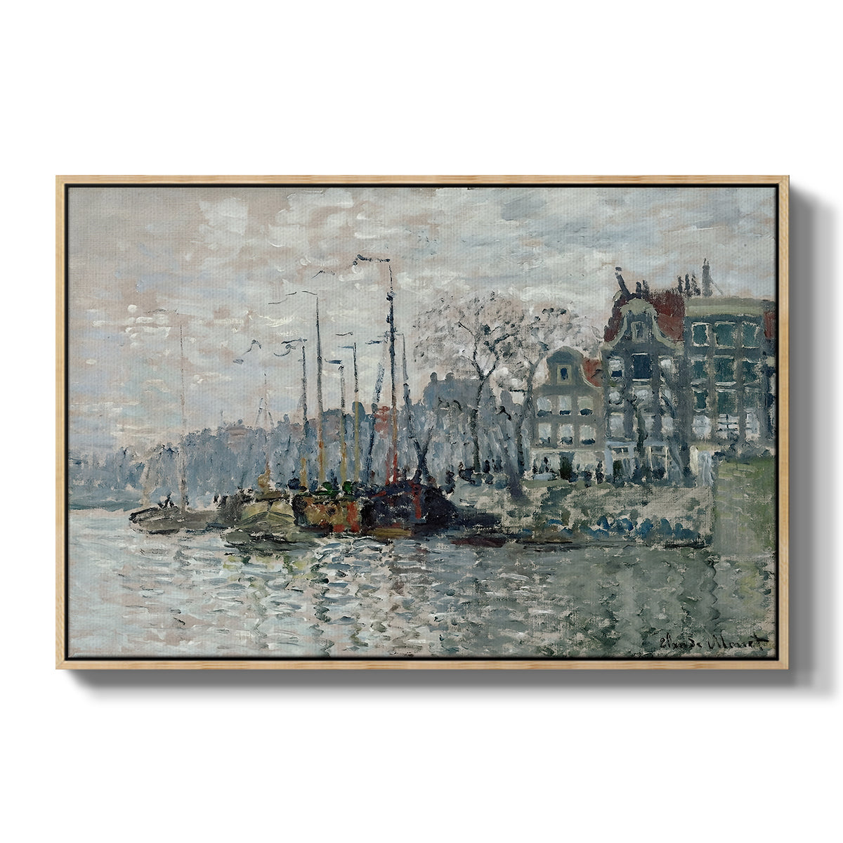 View of the Prins Hendrikkade and Kromme Waal in Amsterdam, 1874 by Claude Monet in a natural wood floater framed canvas wall art display.