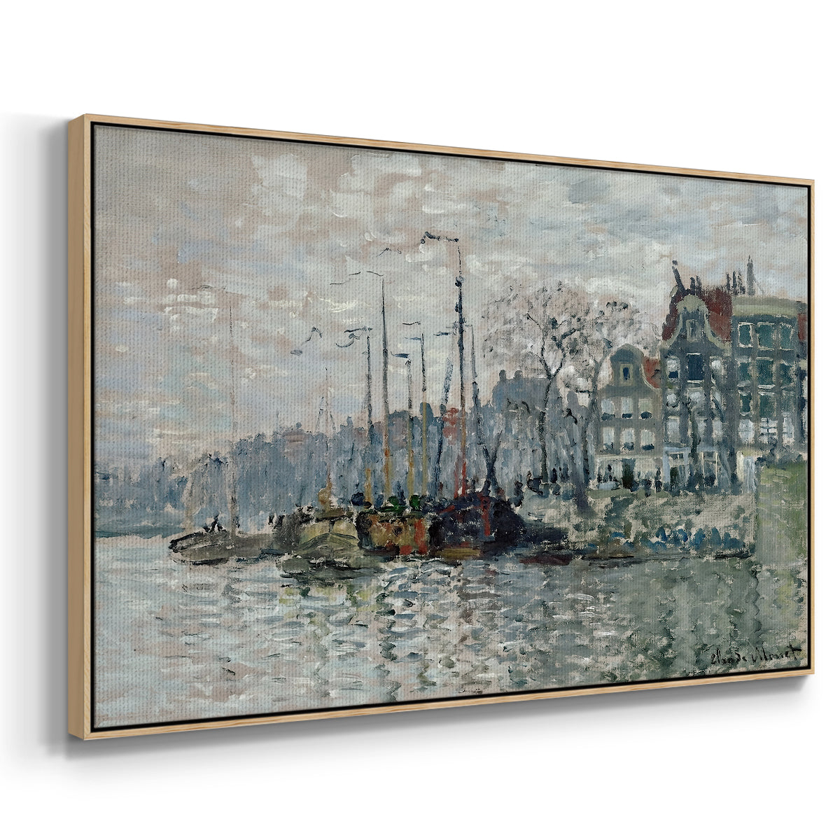 Angled view of View of the Prins Hendrikkade and Kromme Waal in Amsterdam, 1874 by Claude Monet in a natural wood floater framed canvas.