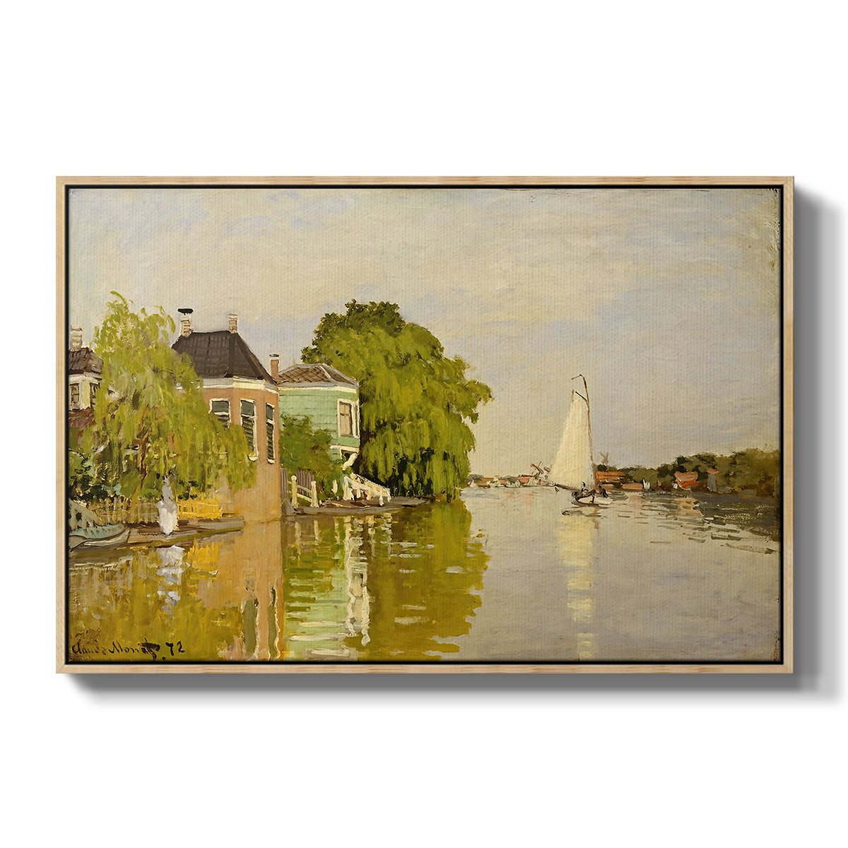 Houses on the Achterzaan, 1871 by Claude Monet in a natural wood floater framed canvas wall art display.
