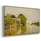 Angled view of Houses on the Achterzaan, 1871 by Claude Monet in a natural wood floater framed canvas.