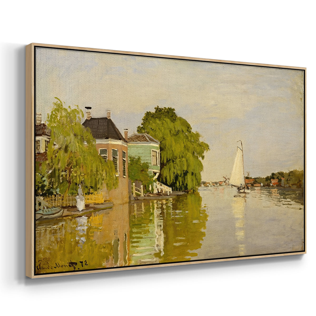 Angled view of Houses on the Achterzaan, 1871 by Claude Monet in a natural wood floater framed canvas.