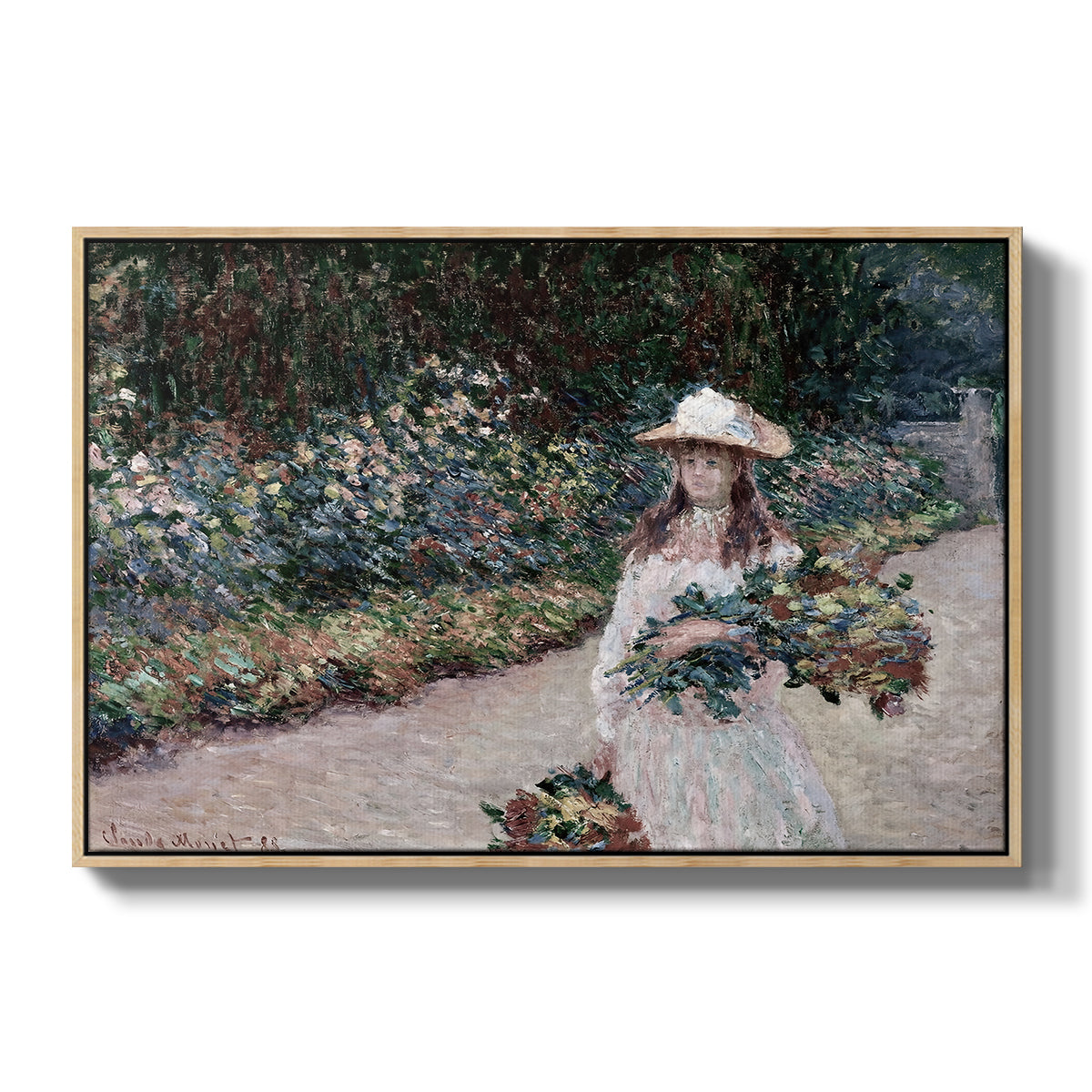 Young Girl in the Garden at Giverny, 1888 by Claude Monet in a natural wood floater framed canvas wall art display.