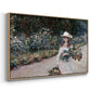 Angled view of Young Girl in the Garden at Giverny, 1888 by Claude Monet in a natural wood floater framed canvas.