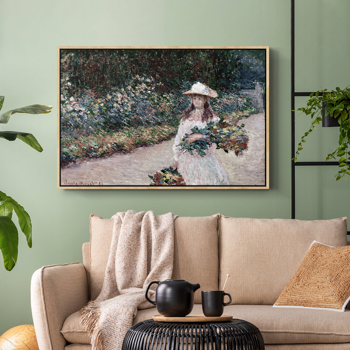 Natural wood floater framed canvas featuring a tranquil outdoor portrait of girl in floral setting, displayed above a sofa in a modern living room.