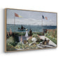Angled view of Garden at Sainte-Adresse, 1867 by Claude Monet in a natural wood floater framed canvas.