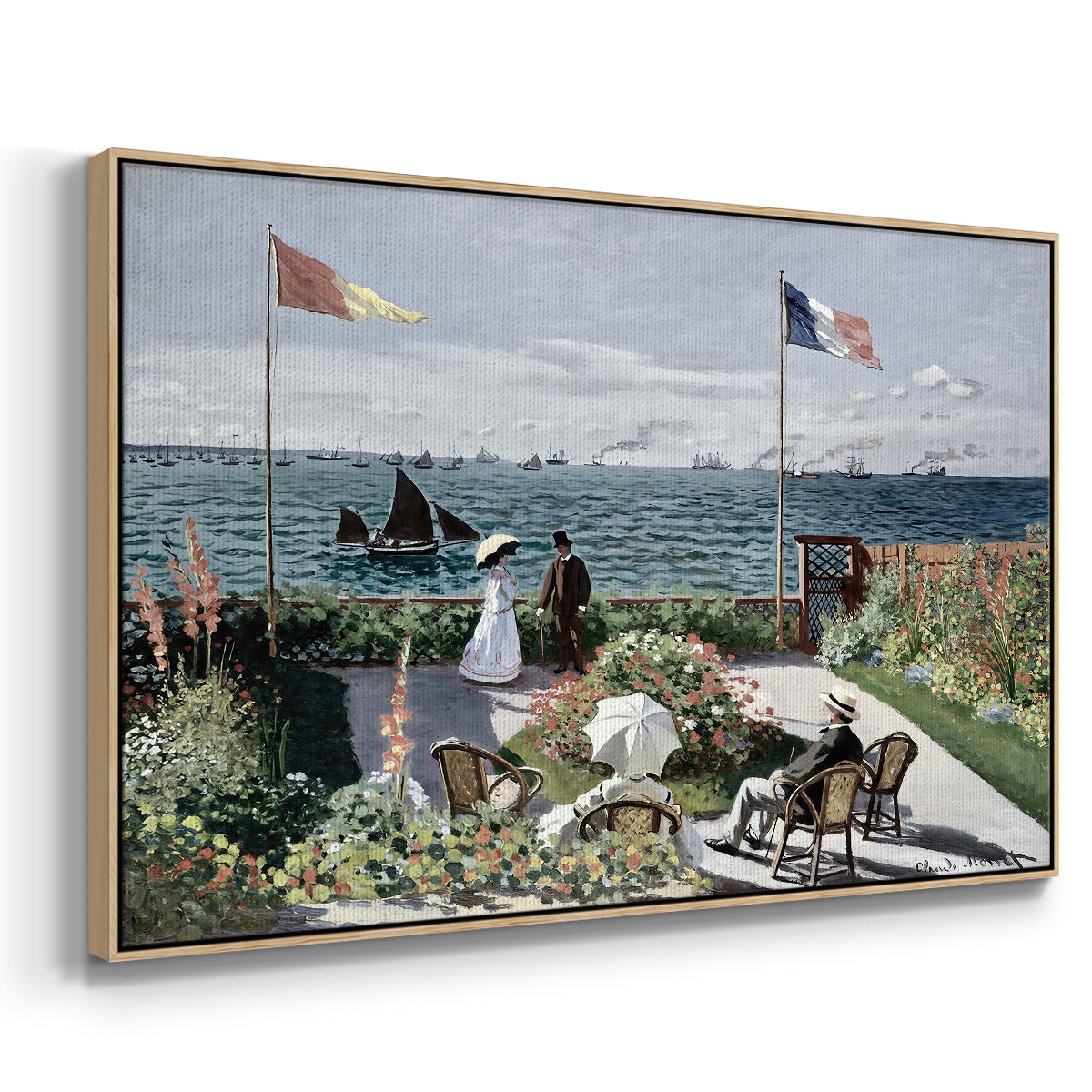 Angled view of Garden at Sainte-Adresse, 1867 by Claude Monet in a natural wood floater framed canvas.