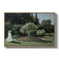 Woman in the Garden, Sainte-Adresse, 1867 by Claude Monet in a natural wood floater framed canvas wall art display.