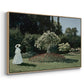 Angled view of Woman in the Garden, Sainte-Adresse, 1867 by Claude Monet in a natural wood floater framed canvas.