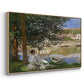 Angled view of On the Bank of the Seine, Bennecourt, 1868 by Claude Monet in a natural wood floater framed canvas.