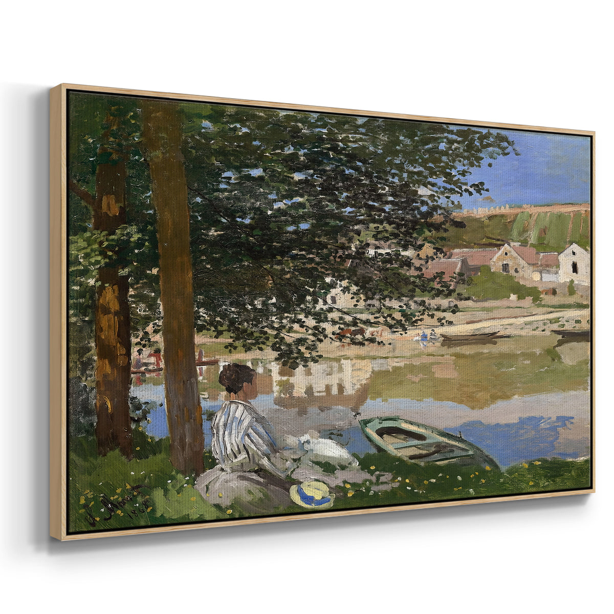 Angled view of On the Bank of the Seine, Bennecourt, 1868 by Claude Monet in a natural wood floater framed canvas.