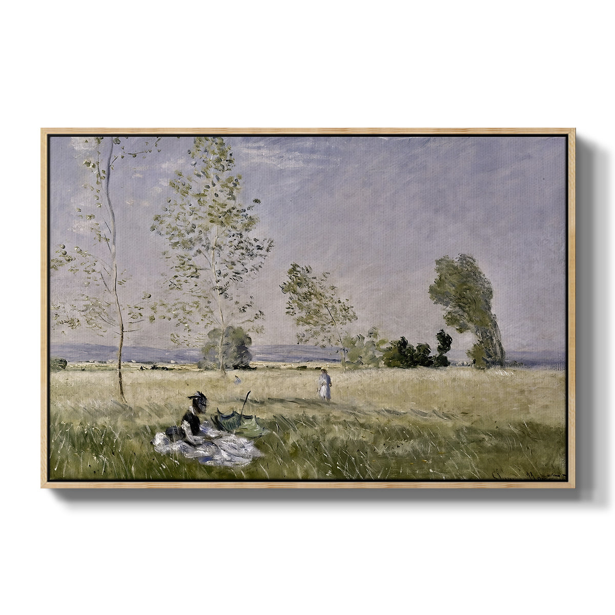 Summer (L'ete), 1874 by Claude Monet in a natural wood floater framed canvas wall art display.