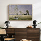 Summer (L'ete), 1874 by Claude Monet displayed in a natural wood floater framed canvas above a dark wood credenza in an entryway.