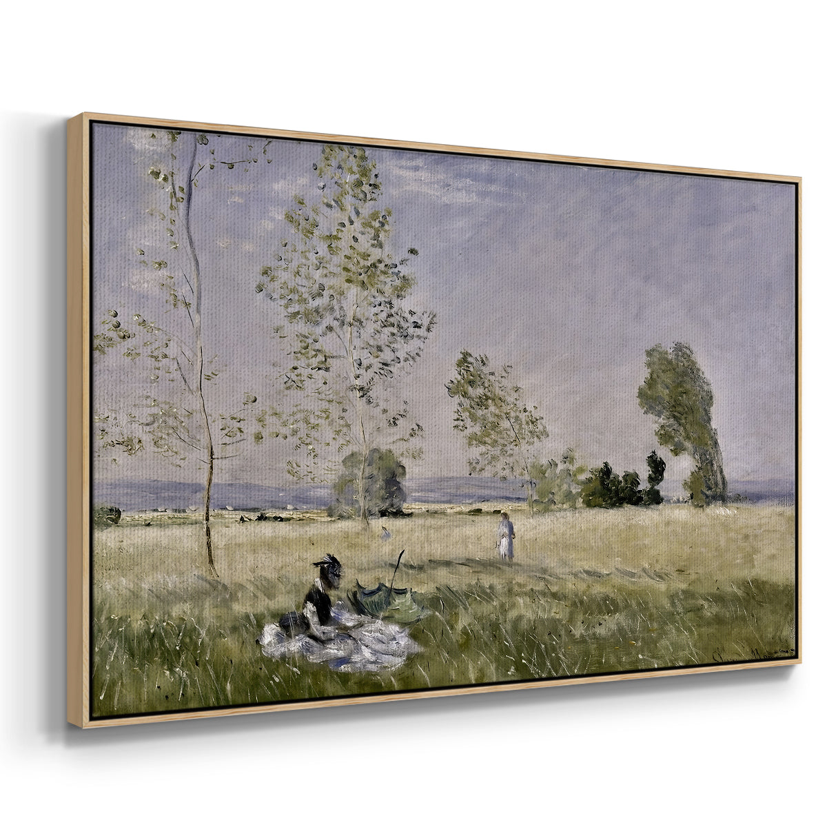 Angled view of Summer (L'ete), 1874 by Claude Monet in a natural wood floater framed canvas.