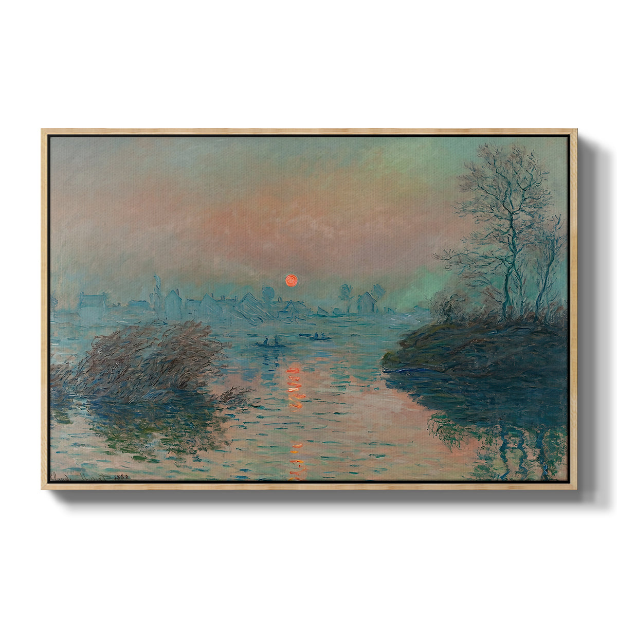 Sunset on the Seine at Lavacourt, Winter Effect, 1880 by Claude Monet in a natural wood floater framed canvas wall art display.