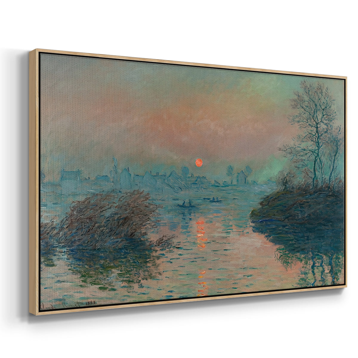 Angled view of Sunset on the Seine at Lavacourt, Winter Effect, 1880 by Claude Monet in a natural wood floater framed canvas.