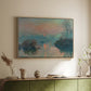Natural wood floater framed canvas of Sunset on the Seine at Lavacourt, Winter Effect, 1880 by Claude Monet, featuring a winter scene with warm light reflecting on water at dusk above a sideboard in a softly lit hallway.