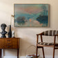 Sunset on the Seine at Lavacourt, Winter Effect, 1880 by Claude Monet as a natural wood floater framed canvas featuring an impressionist view of river at sunset with snowy banks, styled above a mid-century console in a contemporary living area.