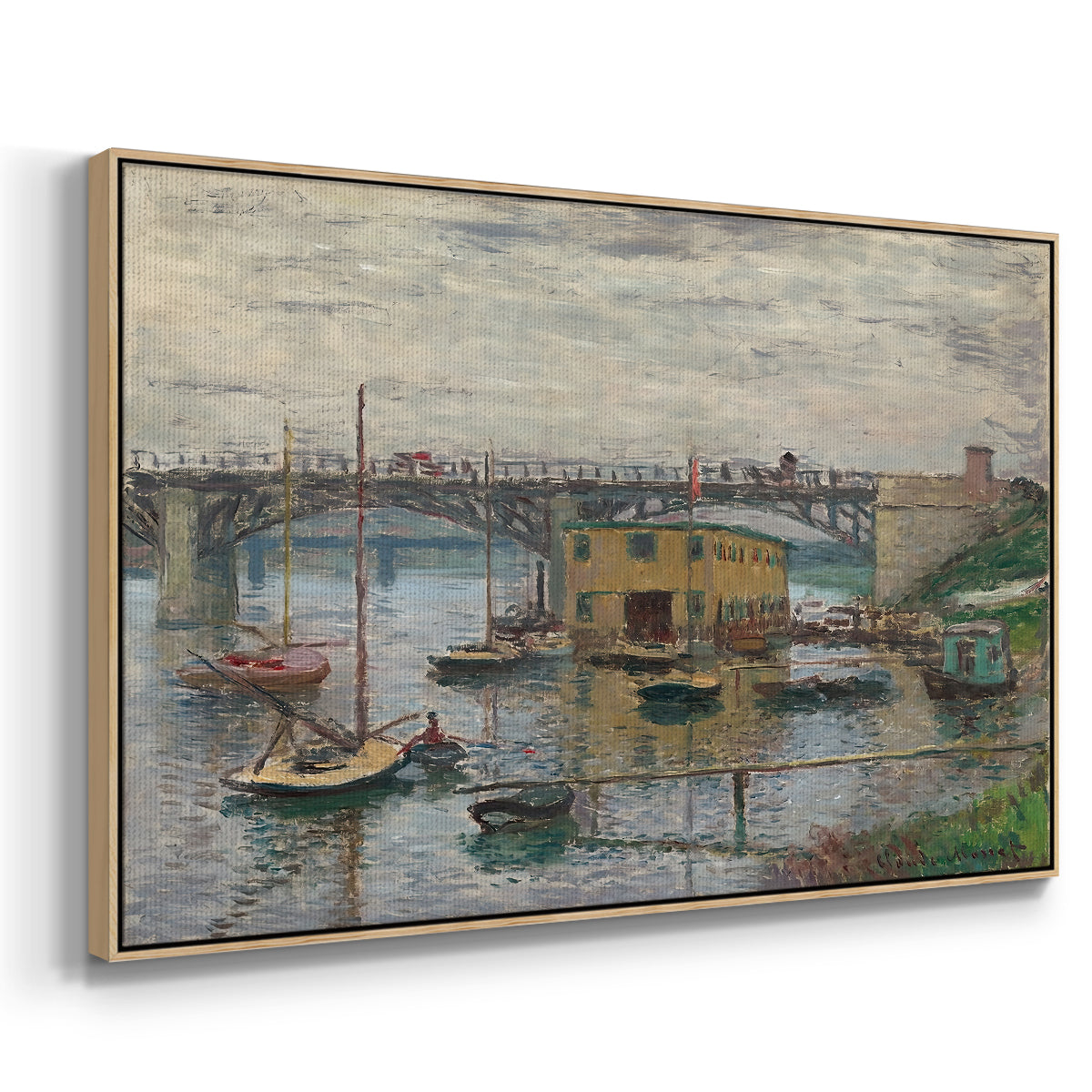 Angled view of Bridge at Argenteuil on a Gray Day, c. 1876 by Claude Monet in a natural wood floater framed canvas.