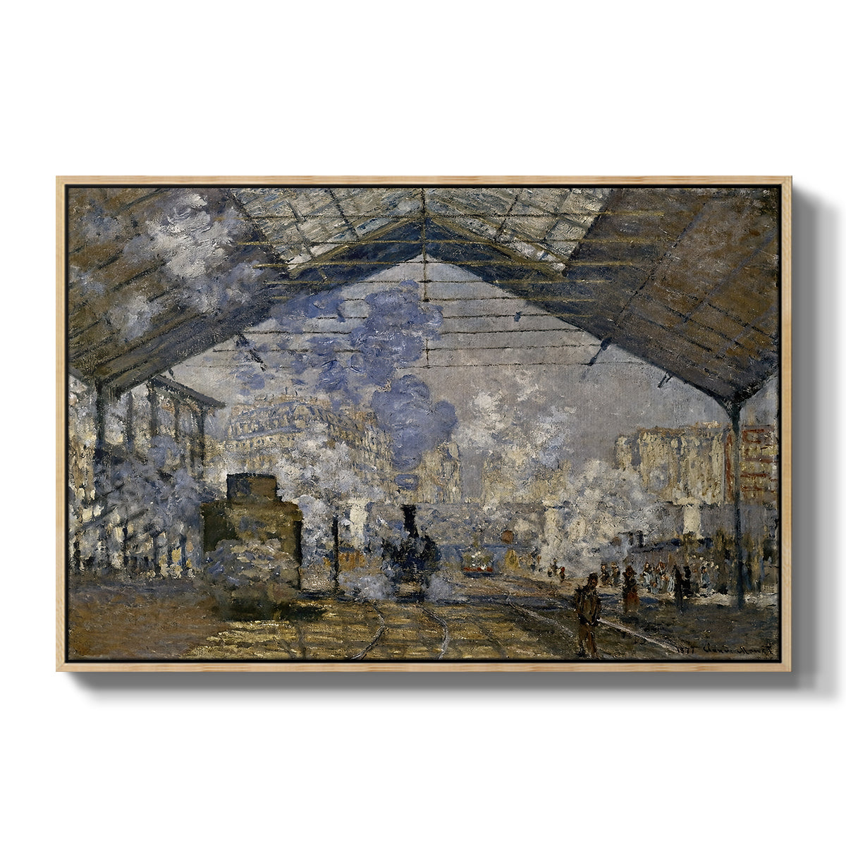 The Gare Saint-Lazare, 1877 by Claude Monet in a natural wood floater framed canvas wall art display.