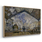 Angled view of The Gare Saint-Lazare, 1877 by Claude Monet in a natural wood floater framed canvas.