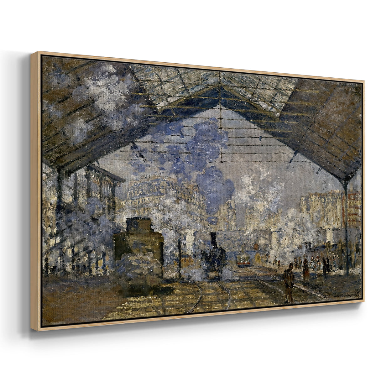 Angled view of The Gare Saint-Lazare, 1877 by Claude Monet in a natural wood floater framed canvas.