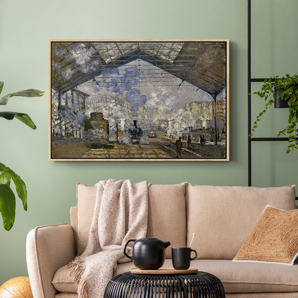 Natural wood floater framed canvas featuring a bustling transport hub with trains beneath glass roof, displayed above a sofa in a modern living room.