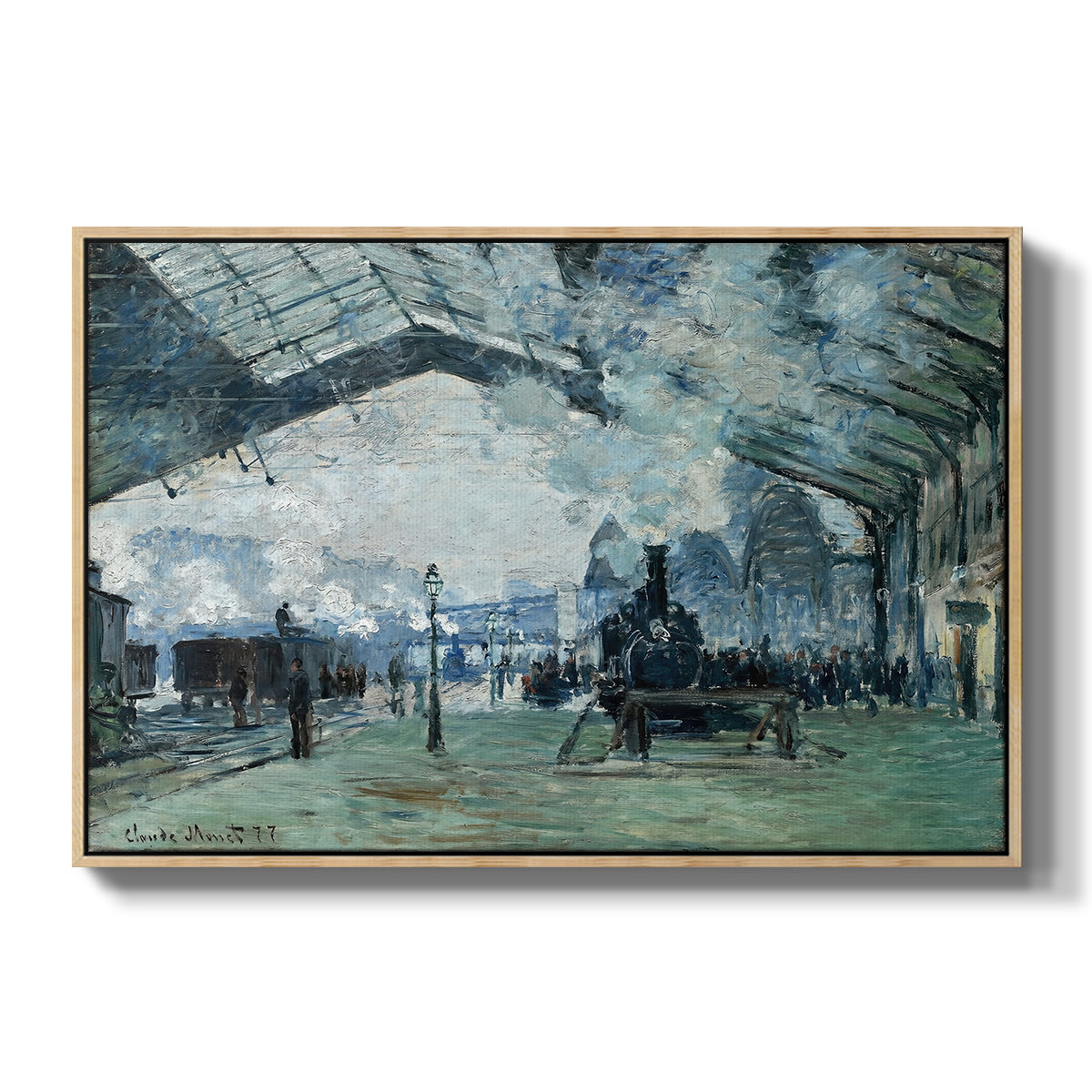 The Saint-Lazare Station, 1877 by Claude Monet in a natural wood floater framed canvas wall art display.
