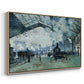 Angled view of The Saint-Lazare Station, 1877 by Claude Monet in a natural wood floater framed canvas.