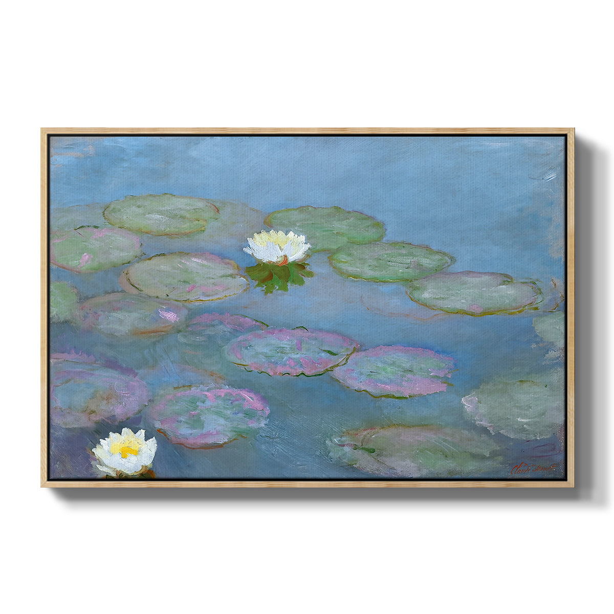 Water Lilies (Nymphéas), 1897-1899 by Claude Monet in a natural wood floater framed canvas wall art display.