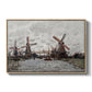 Windmills near Zaandam, 1871 by Claude Monet in a natural wood floater framed canvas wall art display.