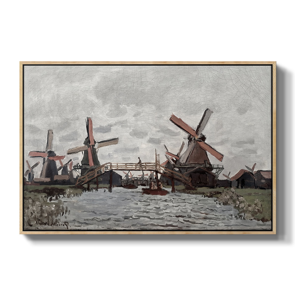 Windmills near Zaandam, 1871 by Claude Monet in a natural wood floater framed canvas wall art display.
