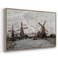 Angled view of Windmills near Zaandam, 1871 by Claude Monet in a natural wood floater framed canvas.