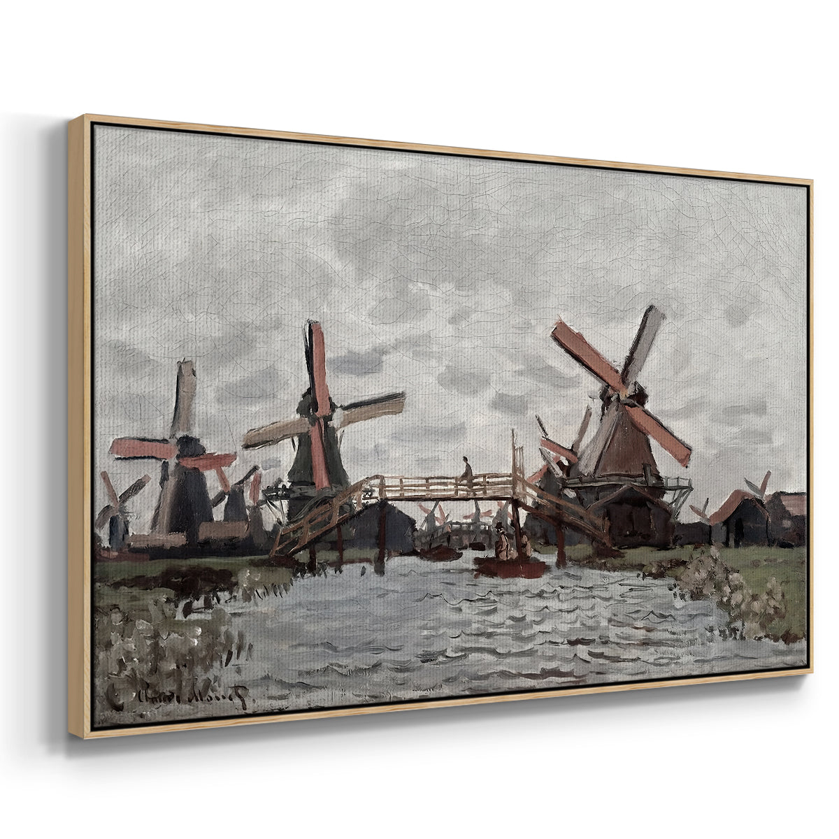 Angled view of Windmills near Zaandam, 1871 by Claude Monet in a natural wood floater framed canvas.