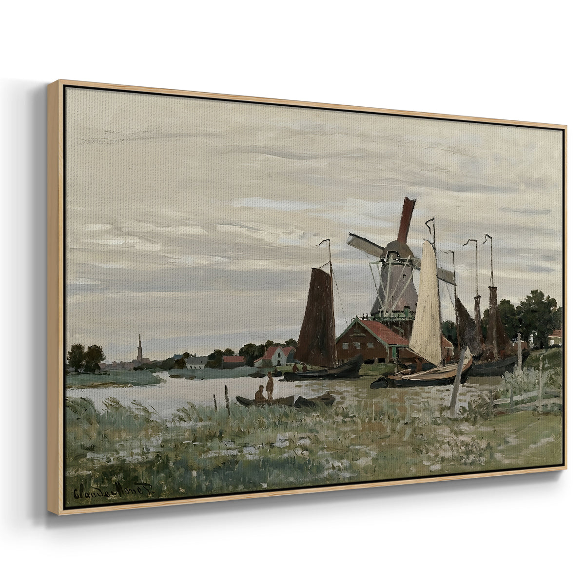 Angled view of Windmill at Zaandam, 1871 by Claude Monet in a natural wood floater framed canvas.