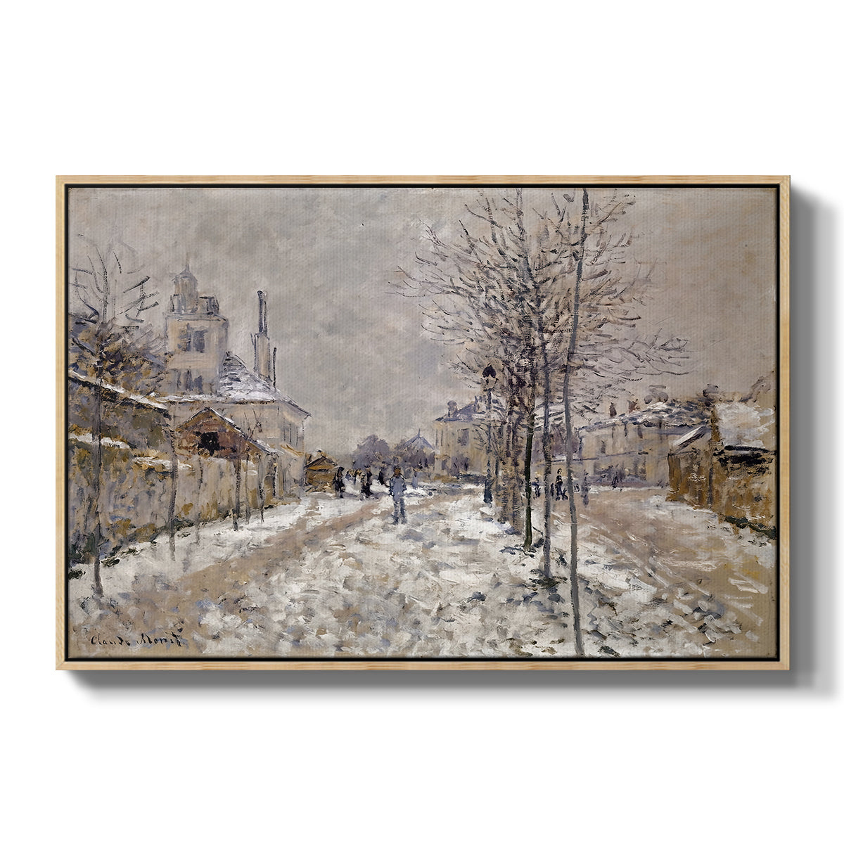 The Boulevard de Pontoise at Argenteuil, Snow Effect, 1875 by Claude Monet in a natural wood floater framed canvas wall art display.