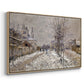 Angled view of The Boulevard de Pontoise at Argenteuil, Snow Effect, 1875 by Claude Monet in a natural wood floater framed canvas.
