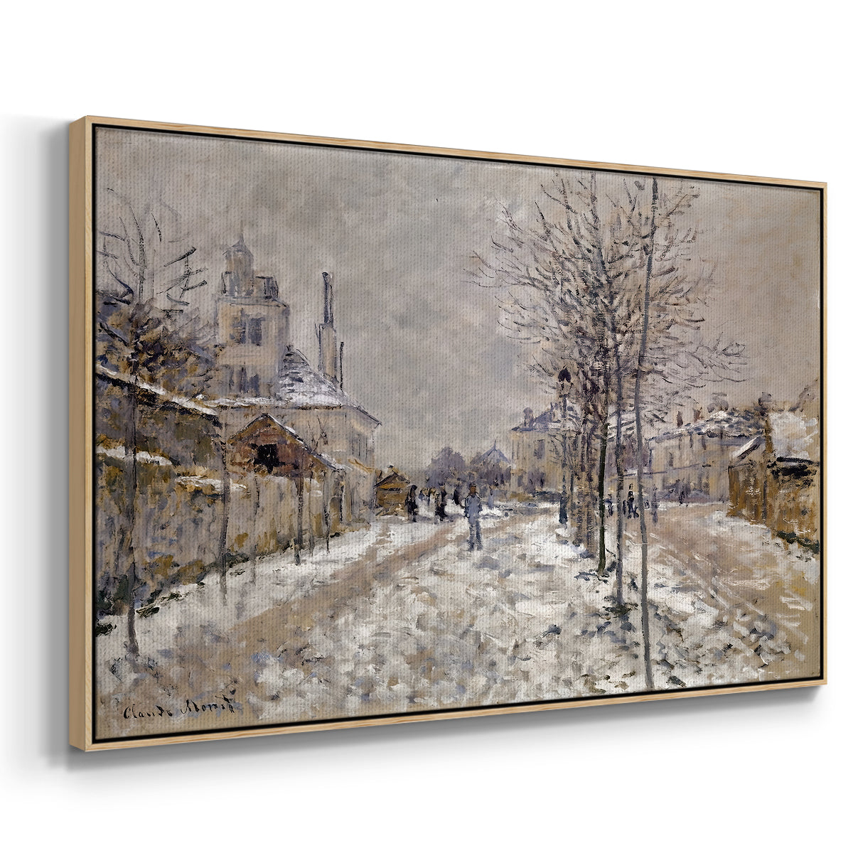 Angled view of The Boulevard de Pontoise at Argenteuil, Snow Effect, 1875 by Claude Monet in a natural wood floater framed canvas.