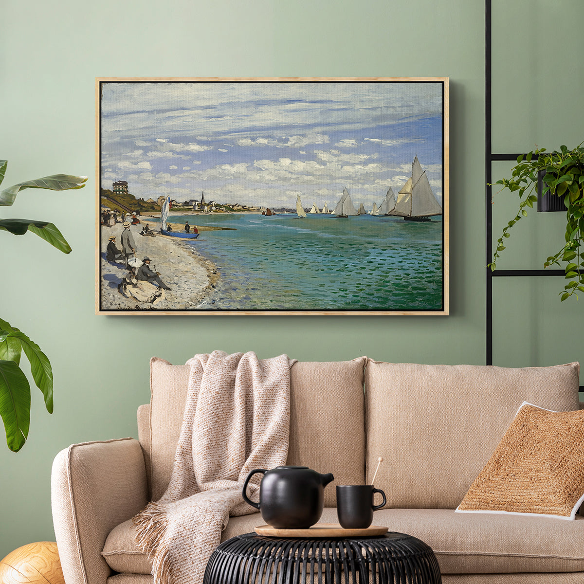 Natural wood floater framed canvas featuring a nautical scene with boats racing near seaside town, displayed above a sofa in a modern living room.