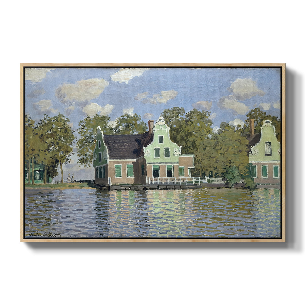 Houses on the Zaan River at Zaandam, 1871 by Claude Monet in a natural wood floater framed canvas wall art display.