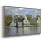 Angled view of Houses on the Zaan River at Zaandam, 1871 by Claude Monet in a natural wood floater framed canvas.